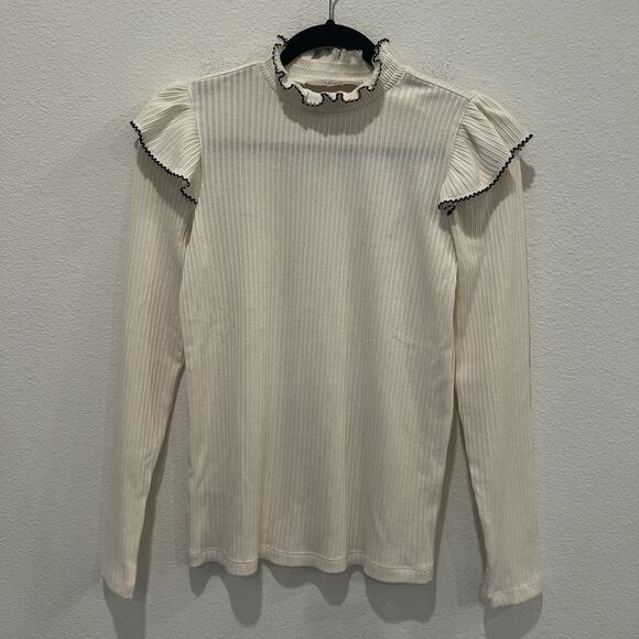 Loft Pointelle Ruffle Sleeve Ribbed Knit Sweater Top Size M Cream Fall Preppy - Picture 2 of 7